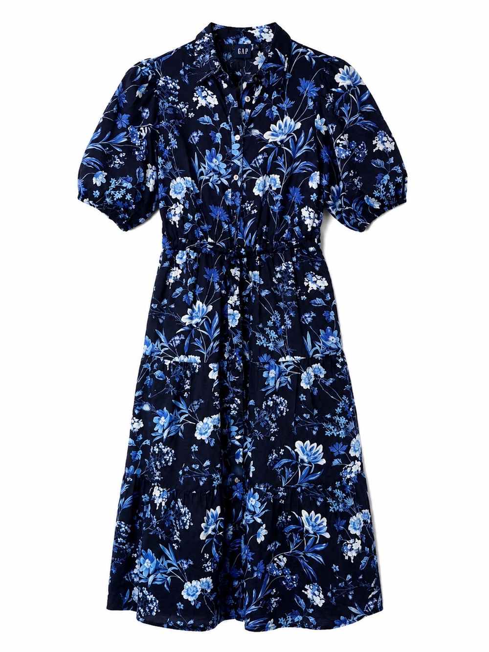GAP Navy and Blue Floral Button-Front Midi Dress